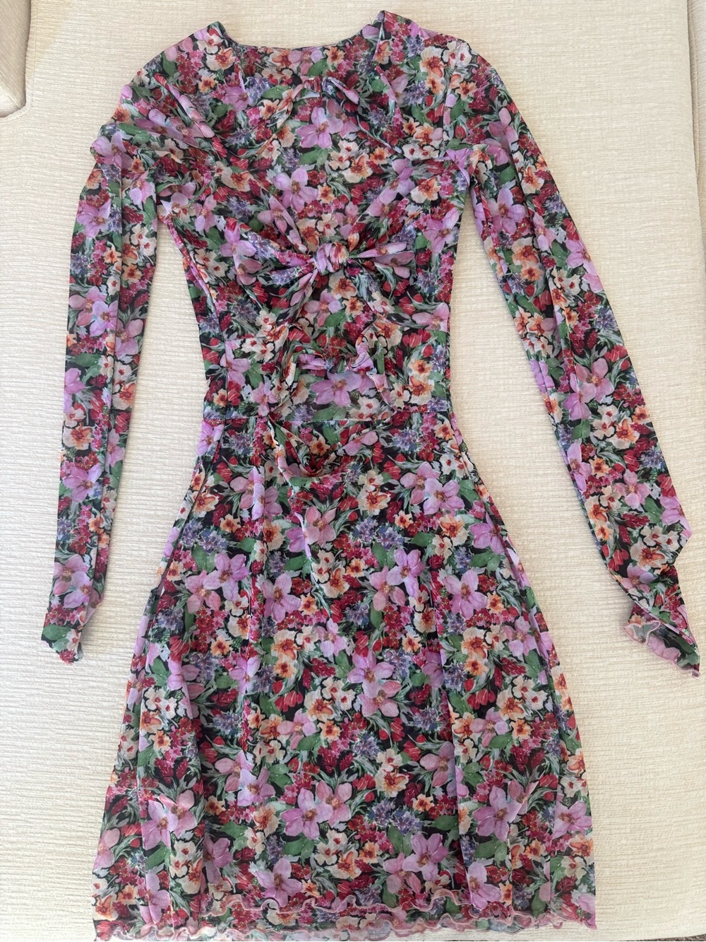 Floral Long-Sleeve Twist-Front Mini Dress - Pink Multi